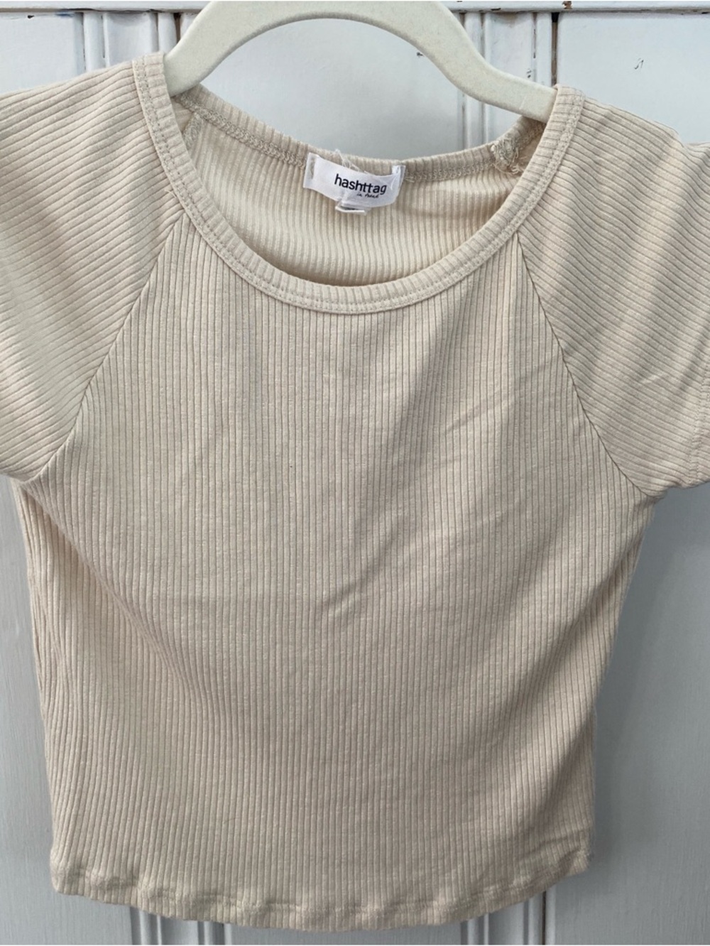 Hashttag ribbed short sleeved women’s size S cropped top light beige